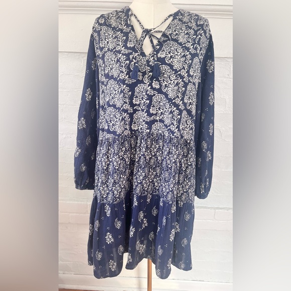 Anthropologie Maeve Carlita Tierd Tunic Dress Cotton Blue Floral Mini Boho - Picture 4 of 13